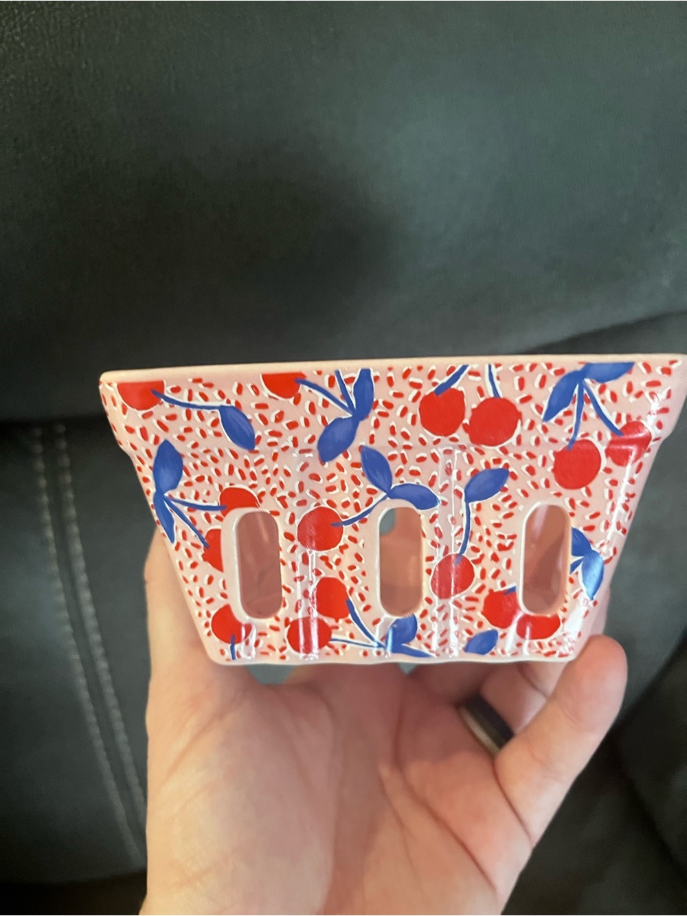 Hand-Painted Ceramic Planter with Red Cherry & Blue Leaves